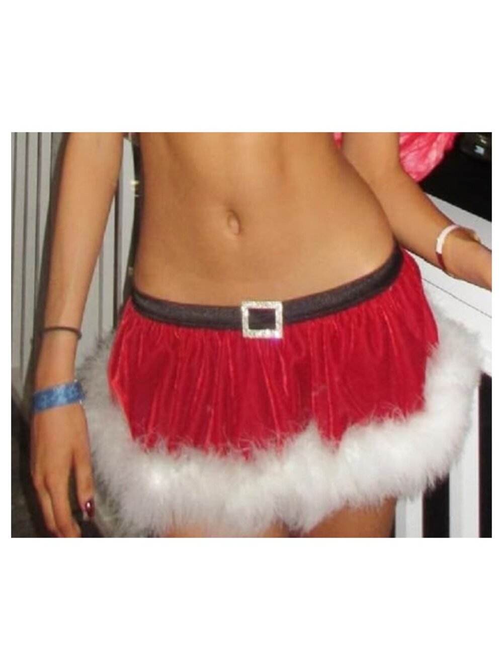 Velvet Feather Trim Mini Skirt A-Line Christmas Cosplay Costume - Picture 3 of 3
